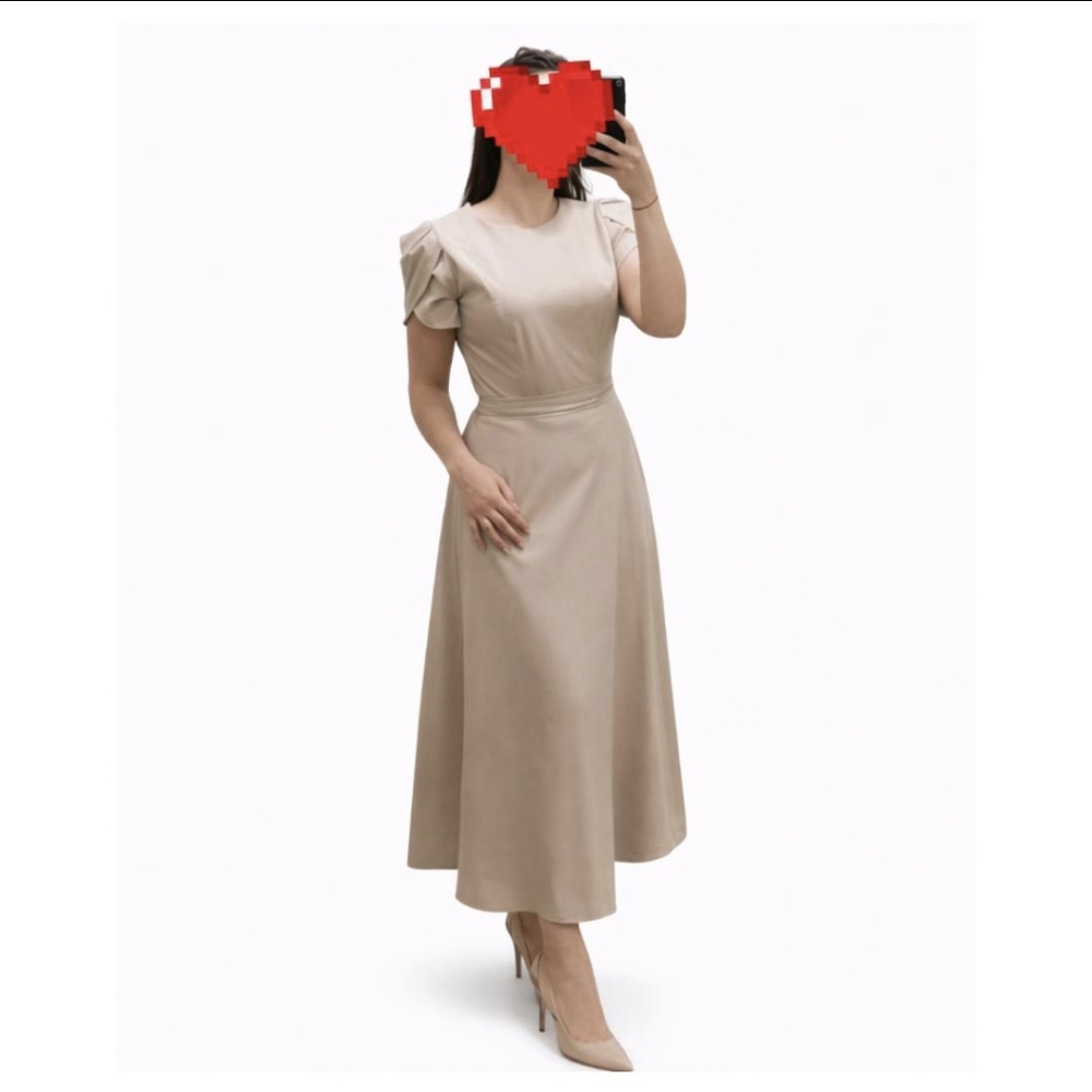 Calvin Klein Taupe Midi Dress with Puff Short Sleeves